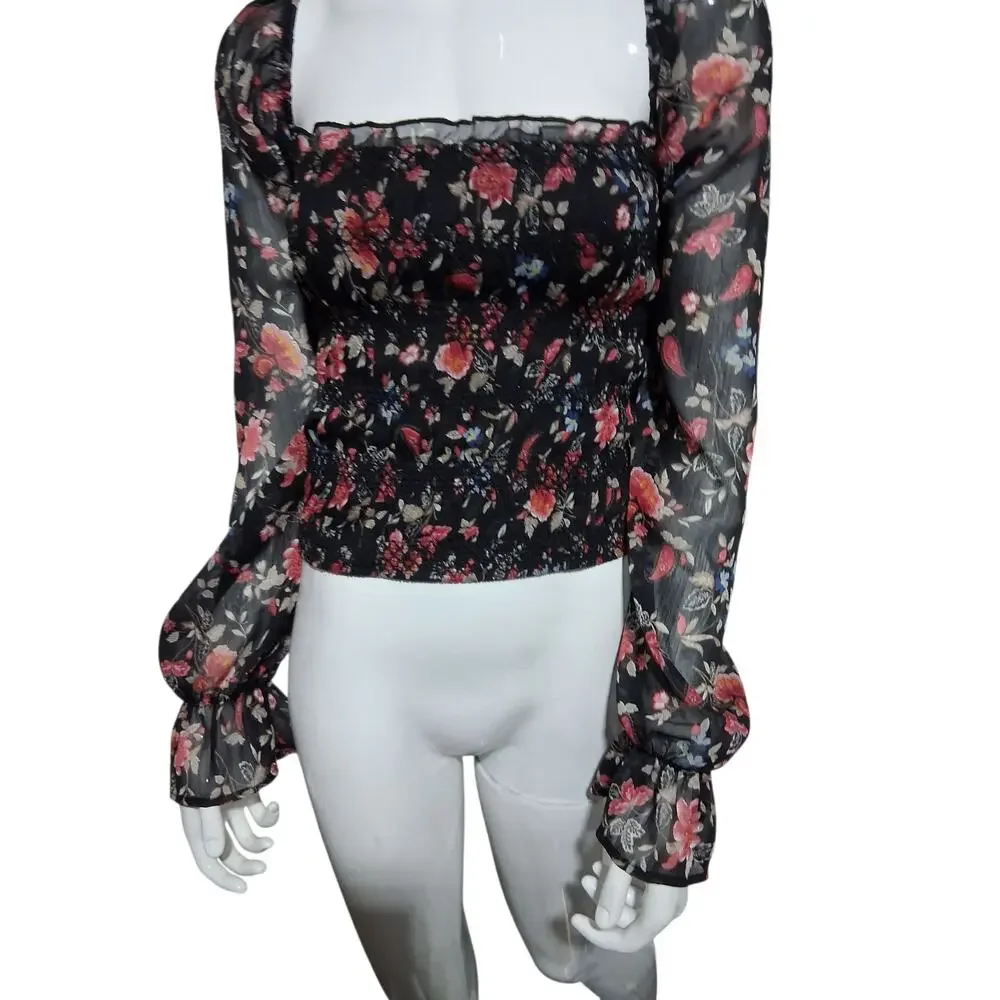 Mi Ami Smocked whimsical Fairycore Womens size Large Romantic Sheer Metallic Top - Picture 4 of 13